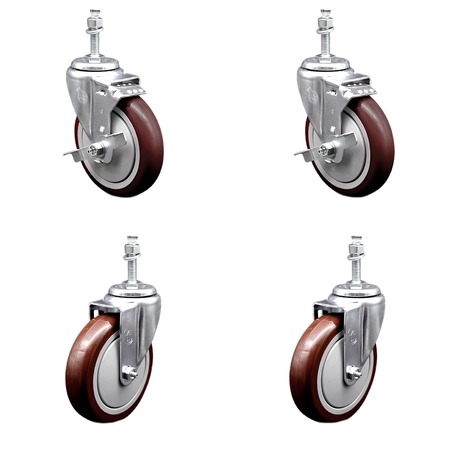 SERVICE CASTER 5 Inch SS Maroon Polyurethane Swivel 10mm Threaded Stem Caster Brake, 2PK SSTS20S514-PPUB-MRN-TLB-M1015-2-S-2